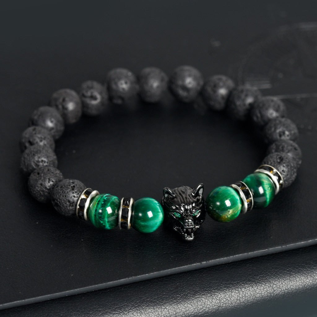 8mm Wolf Head Lava Rock Bracelet