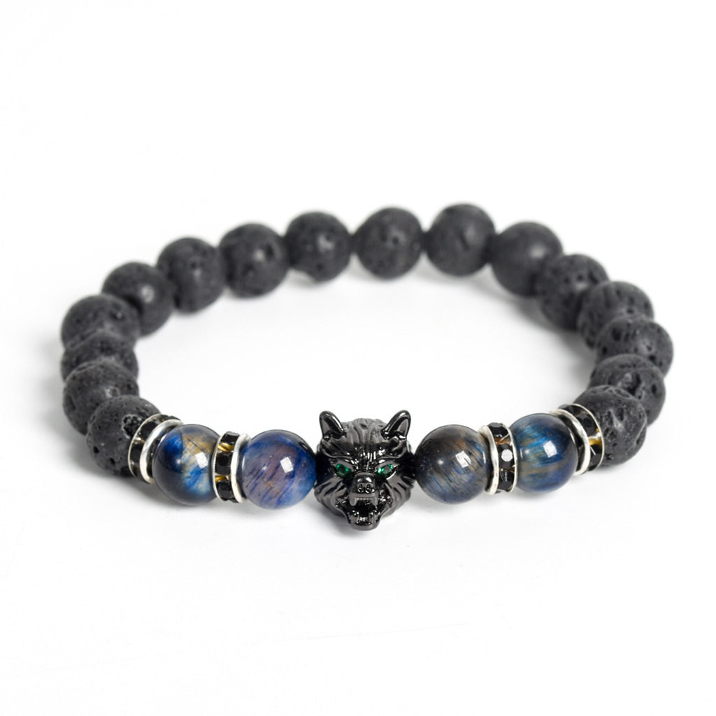 8mm Wolf Head Lava Rock Bracelet