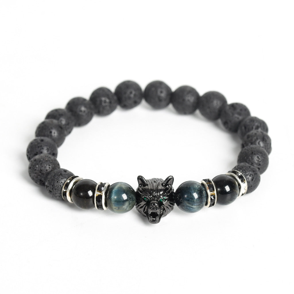 8mm Wolf Head Lava Rock Bracelet