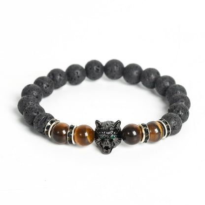 8mm Wolf Head Lava Rock Bracelet