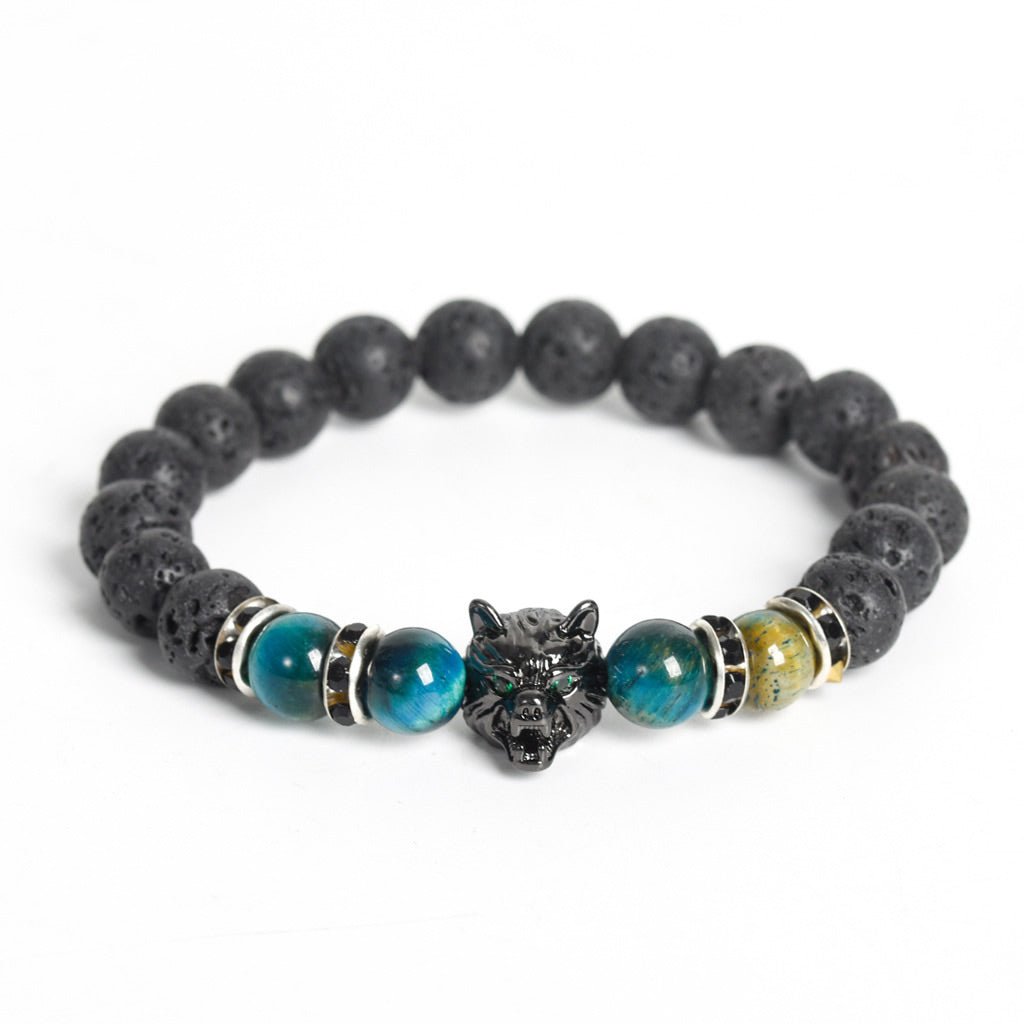 8mm Wolf Head Lava Rock Bracelet